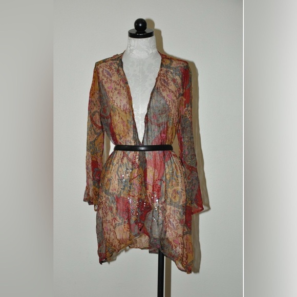 Soft Surroundings Crinkled Paisley Floral Scarf Print Sequins Kimono - Picture 1 of 8